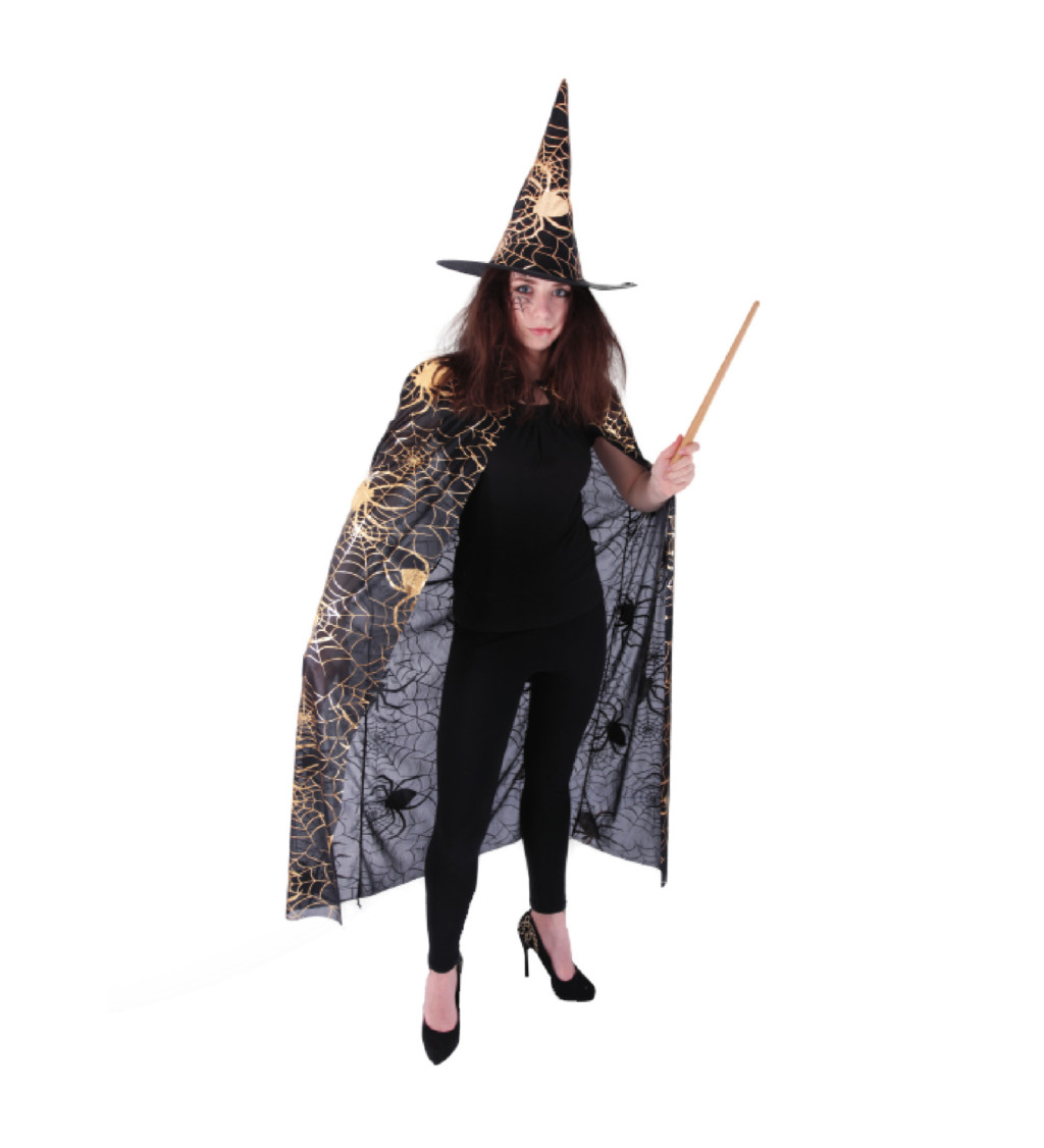 Čarodějnický set se zlatými pavučinkami - klobouk a plášť