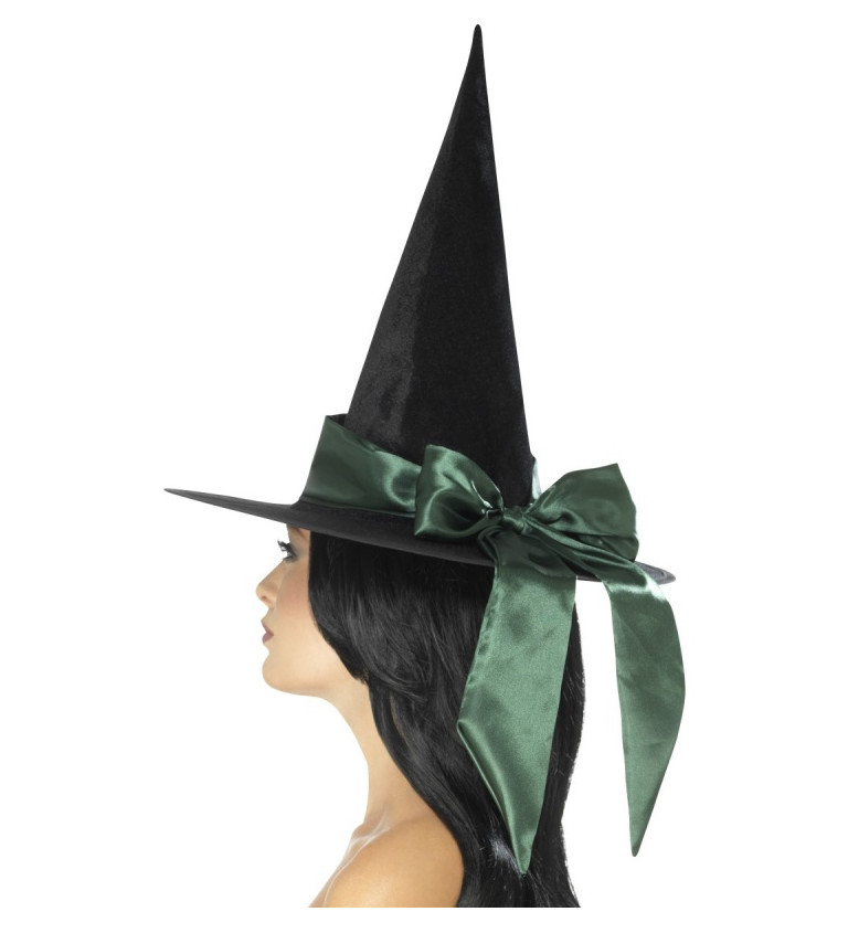 Špičatý čarodějnický klobouk se zelenou mašlí