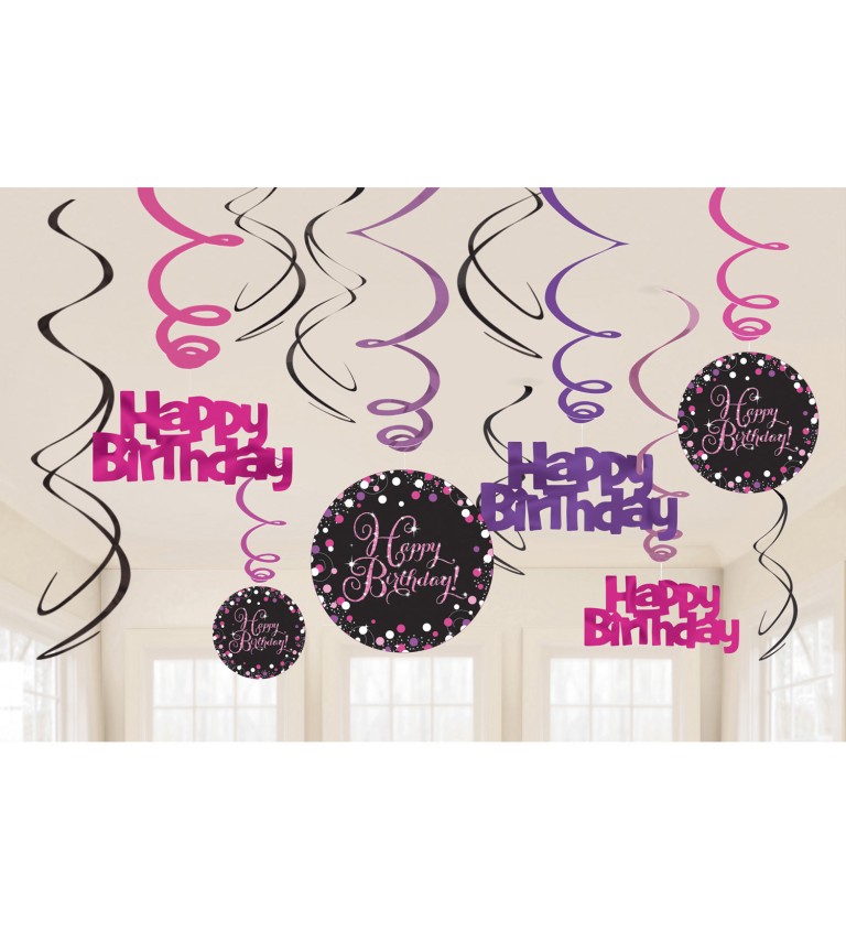 Růžové dekorativní spirálky - Happy birthday