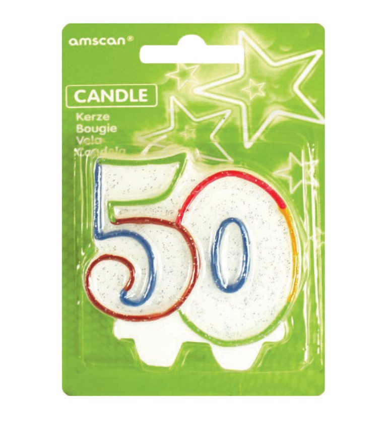 Bílá  narozeninová svíčka s lemem – 50