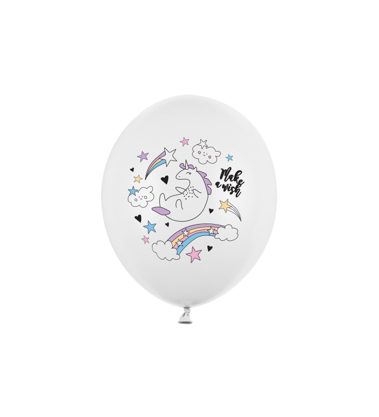 Bílý latexový balónek - jednorožec na duze 6ks