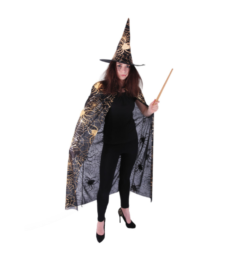 Čarodějnický set se zlatými pavučinkami - klobouk a plášť